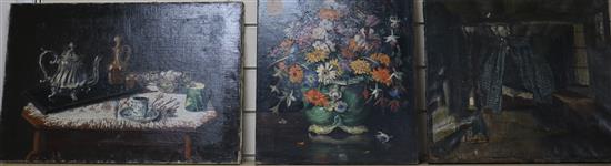 Two unframed oil still lifes and an interior Largest 37 x 56cm